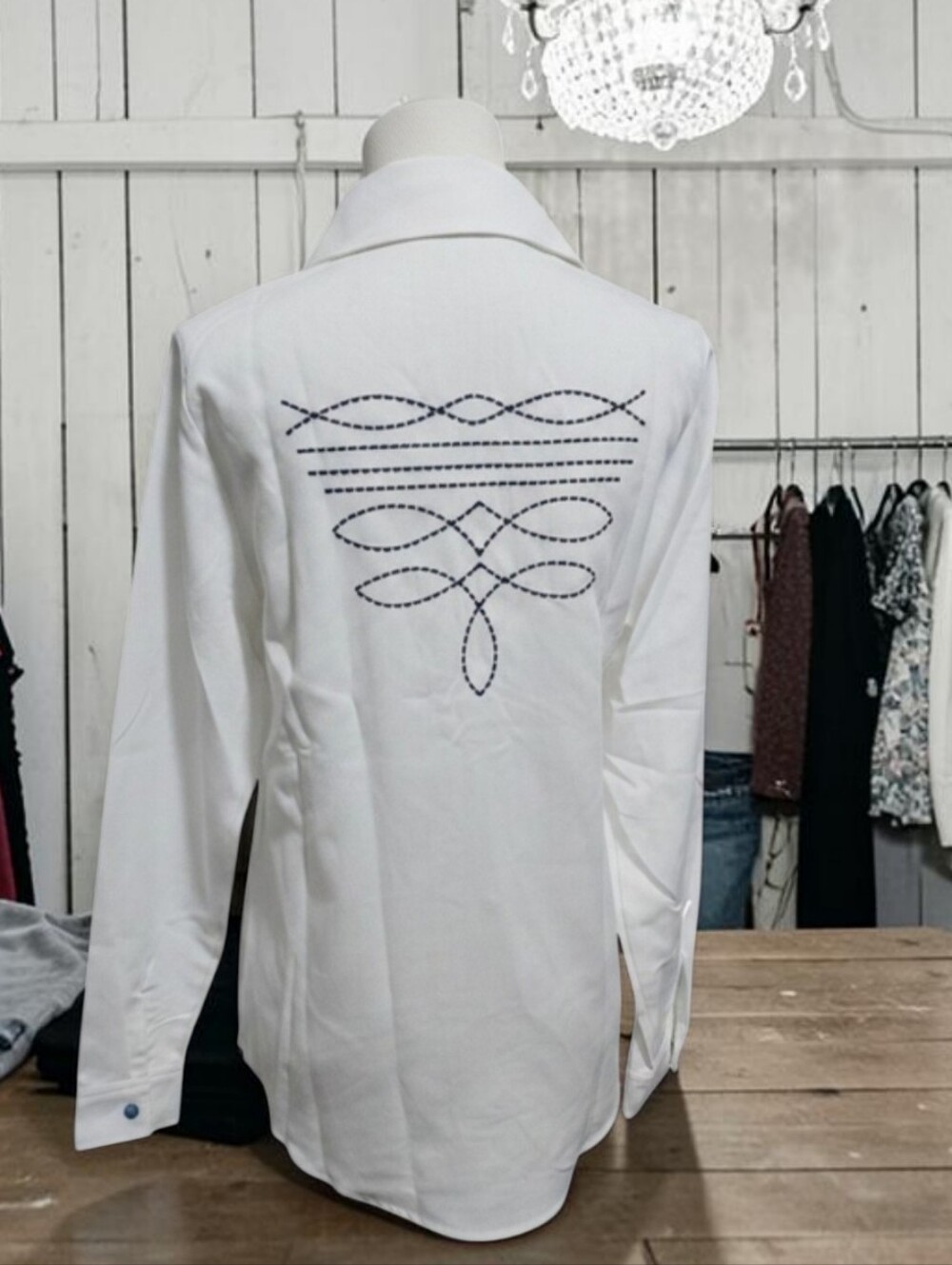 White Button-Up Shirt with Blue Accent Buttons